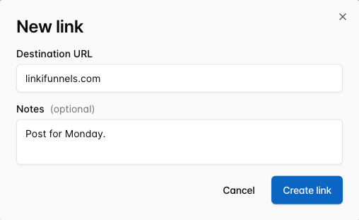 LinkiFunnels new smart link form with destination URL and Create link button