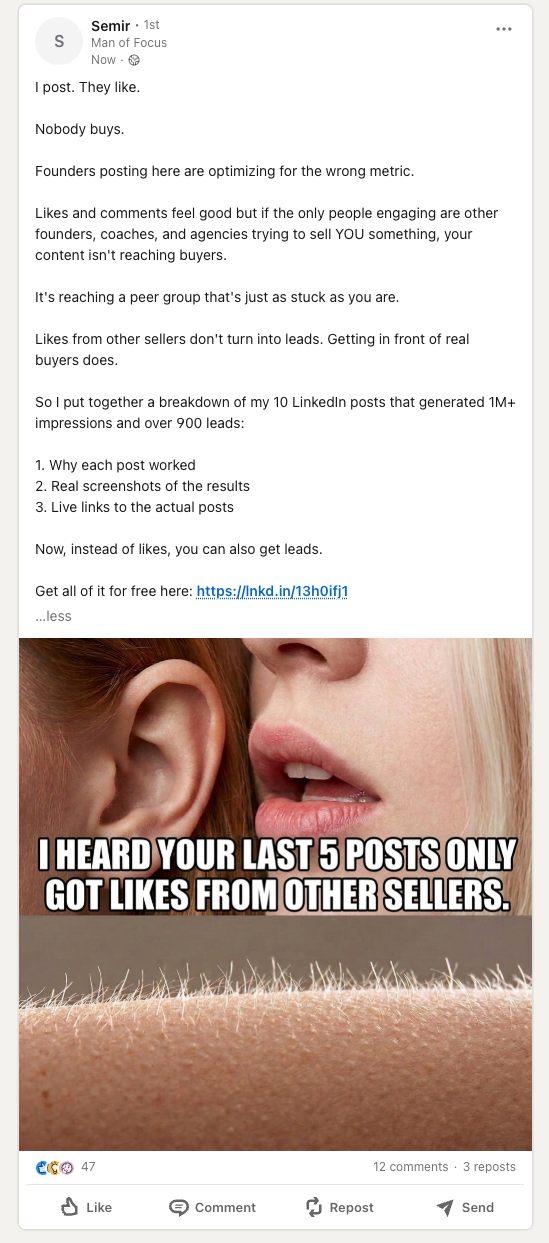 Published LinkedIn post using a LinkiFunnels tracking link
