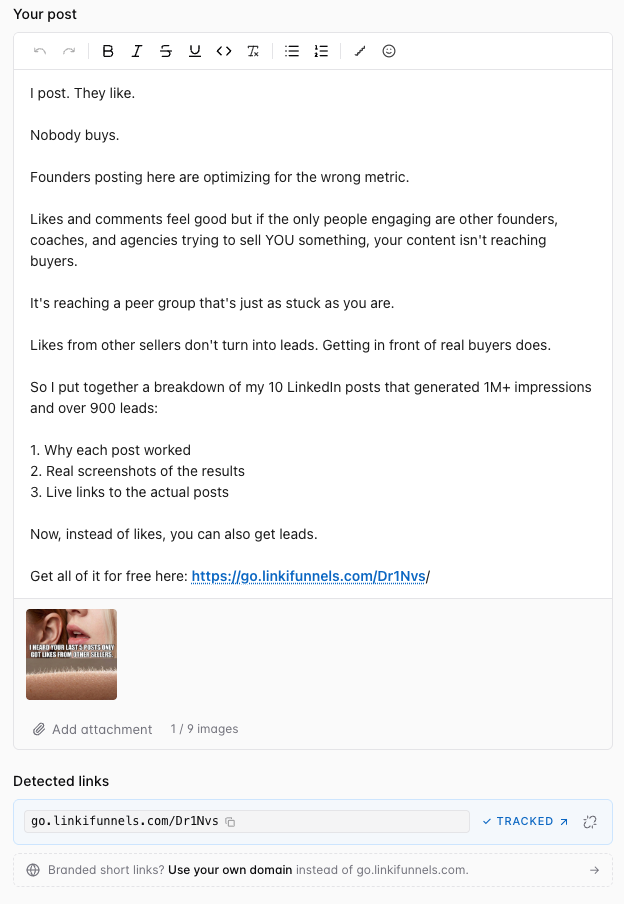 Post editor showing a LinkiFunnels tracked link detected in a LinkedIn post